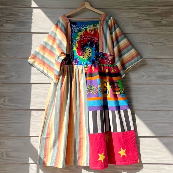 Rainbow&Vintage Fabric | Handmade Quilted Bandana Dress SKU 06052 Rainbow - Picture 3 of 10